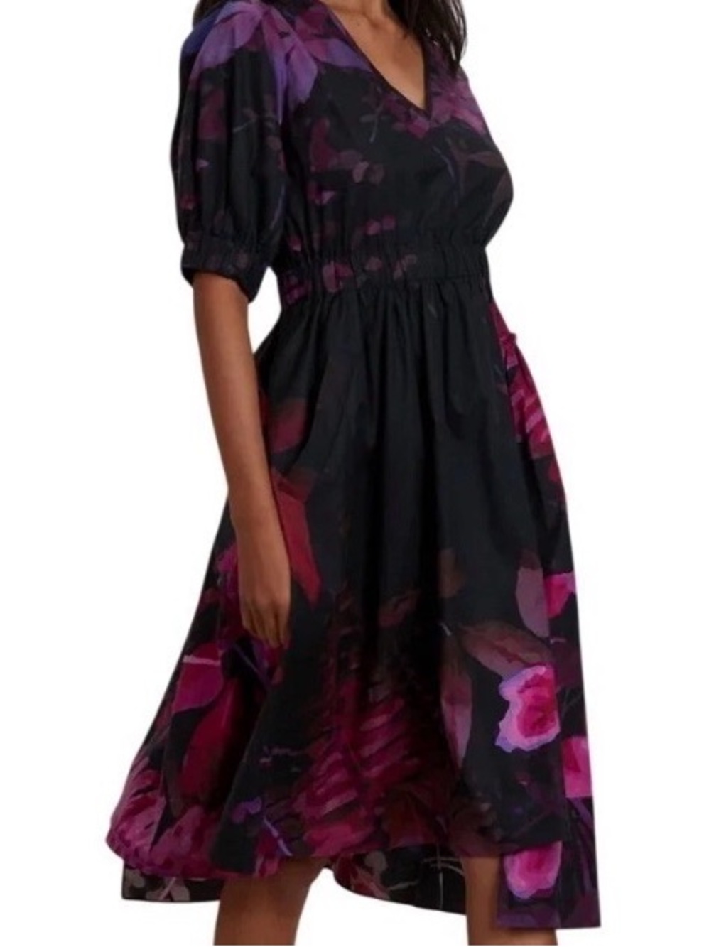 THE KIT Asymmetrical Floral V-Neck Midi Dress in Black and Magenta V3
